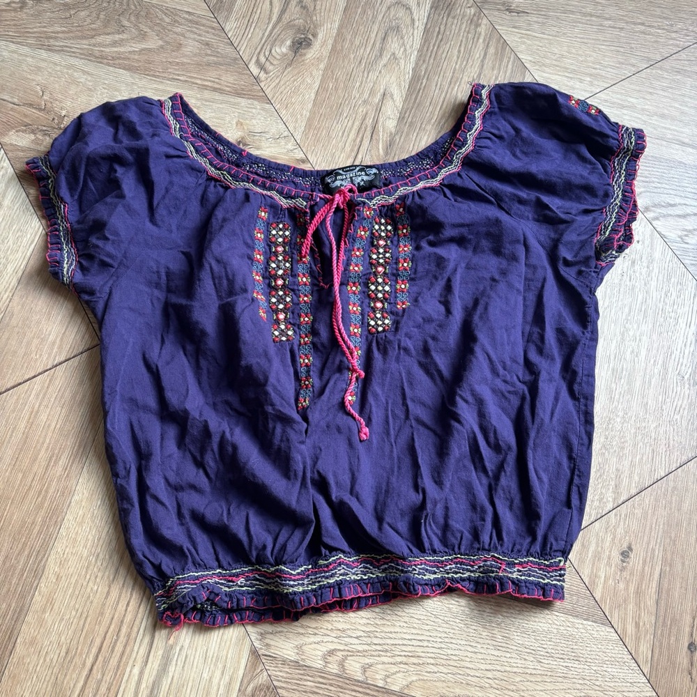 Magazine Embroidered Purple Cotton Blouse